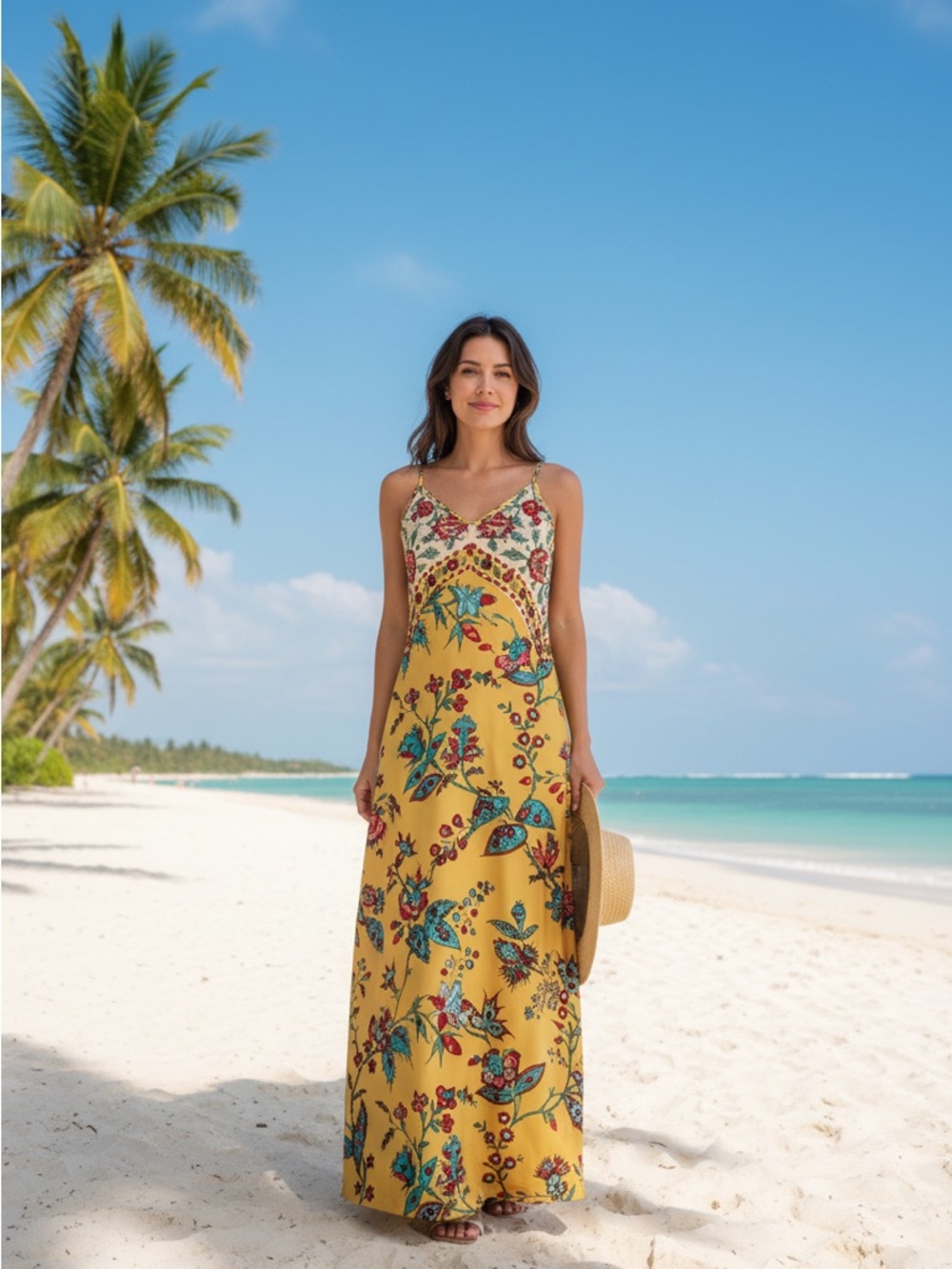 Summer Yellow Floral Maxi Dress Teal & Red Accents vacation wear